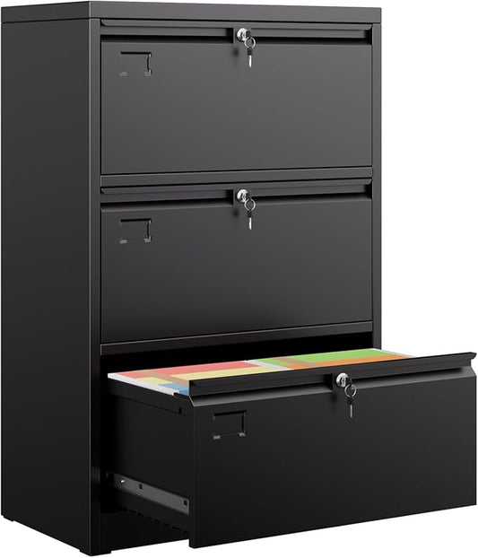 Metal 3 Drawer Lateral File Cabinet with 3 Lock - Wide Filing Cabinet for Letter/Legal/F4/A4 Hanging Files - Includes Business Card Holder,Home Office School Storage,Black-DeskLoop Office