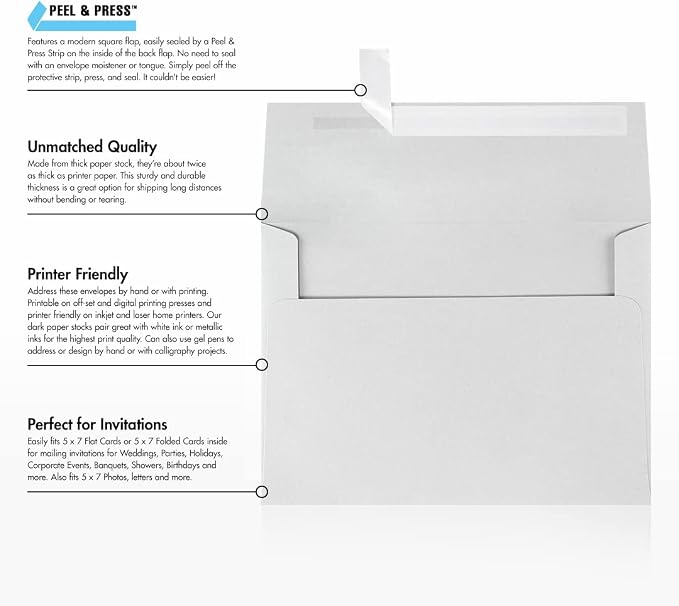 LUXPaper A7 Invitation Envelopes | Peel & Press | 5 1/4" x 7 1/4" | Gray | - Image 8