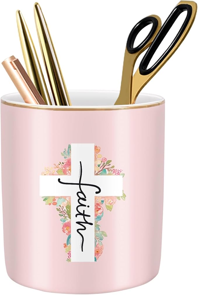 Ceramic Pen Holder for Desk Cute, Pencil Holder Cup, Makeup Brush Holder Pink by WAVEYU