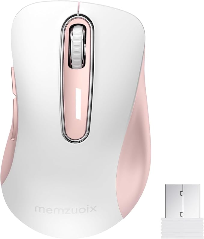 memzuoix 2.4G Wireless Mouse, 1400 DPI Computer Mice with USB Receiver, Portable Wireless USB Mouse Battery Powered Cordless Mice for Laptop, PC, Desktop, 5 Buttons (White Pink)-DeskLoop Office