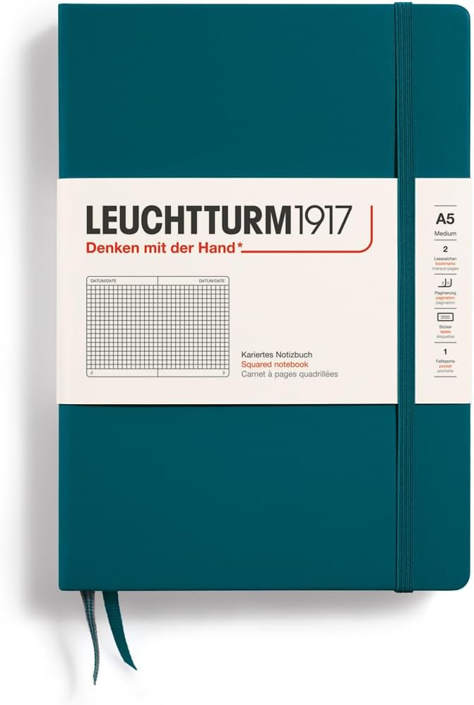 LEUCHTTURM1917 - Notebook Hardcover Medium A5-251 Numbered Pages for Writing and Journaling (Pacific Green, Squared)-DeskLoop Office