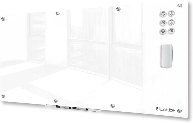 J&J worldwide Glass Whiteboard, Magnetic Brilliance White Glass Dry Erase Board 8' x 4', Includes Markers, Marker Tray, Eraser for Wall, Office, Home, School-DeskLoop Office