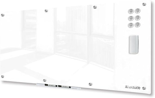 J&J worldwide Glass Whiteboard, Magnetic Brilliance White Glass Dry Erase Board 8' x 4', Includes Markers, Marker Tray, Eraser for Wall, Office, Home, School-DeskLoop Office