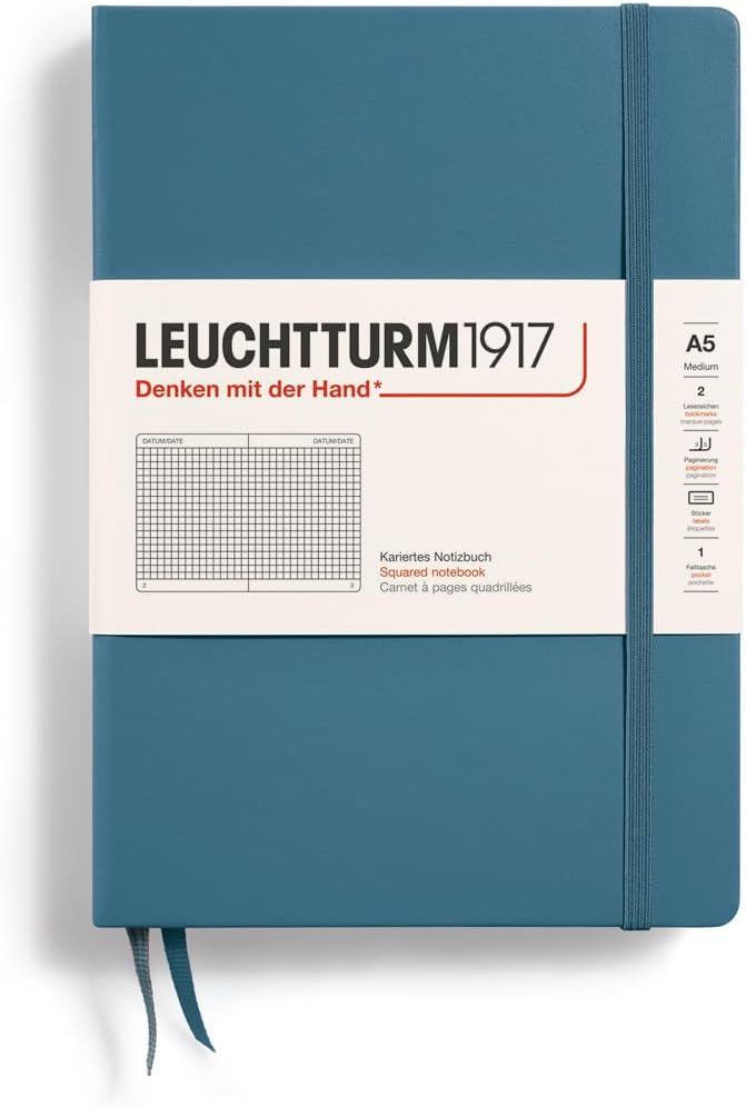 LEUCHTTURM1917 - Notebook Hardcover Medium A5-251 Numbered Pages for Writing and Journaling (Stone Blue, Squared)-DeskLoop Office