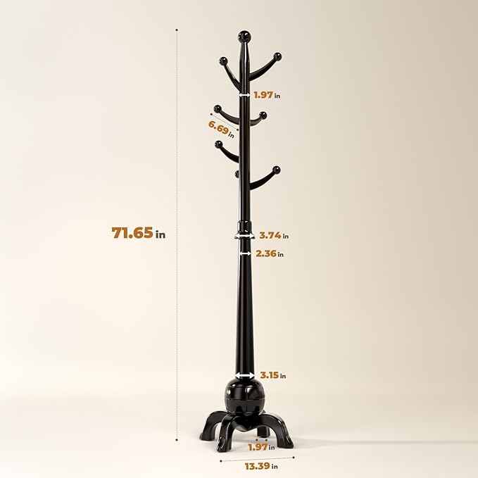 Wood Coat Rack Freestanding, Solid Wooden Hall Tree with 8 Hooks, Coat Tree Freestanding Heavy Duty with Stable Base, Entryway Hallway Bedroom Office Use, 240lbs Load Capacity H:71.6in (Black)-DeskLoop Office