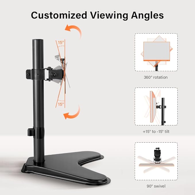 KKTONER Single Computer Monitor Stand Metal Base Free Standing Desk Vesa Mount for 13 inch to 32 inch Screen Height Adjustable Monitor Mount Full Motion Swivel Vesa 75*75mm/100*100mm Hold up 17.6Lbs-DeskLoop Office