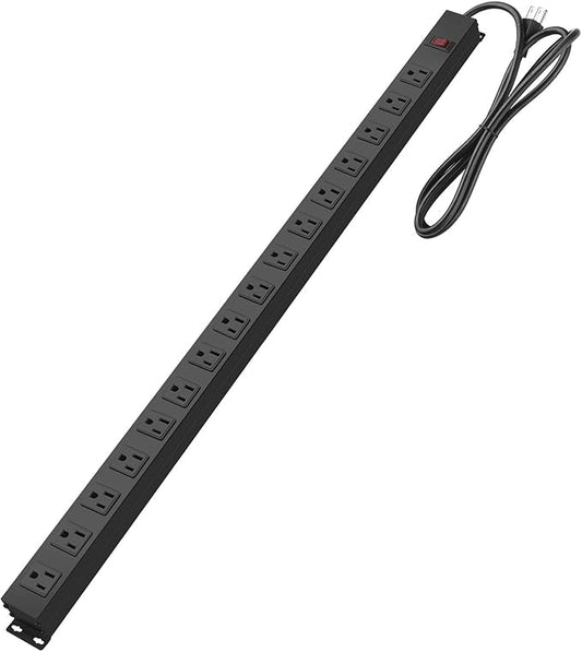 HHSOET 16-Outlet Metal Wall Mount Power Strip, 15 ft 14AWG Power Cord, 15A 125V 1875W, Black-DeskLoop Office