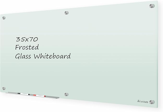 J&J worldwide Glass Whiteboard 6' x 3', Frosted Glass Dry Erase Board Non-Magnetic, Semi-Transparent, Includes Markers, Marker Tray, Eraser for Wall, Office, Home, School-DeskLoop Office