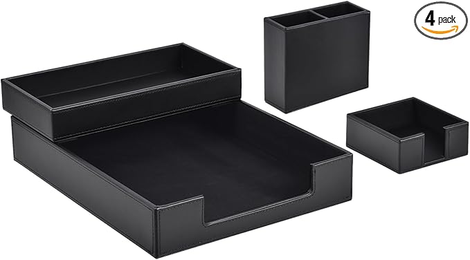 4 Pack Leather Office Supplies/Desk Organizer for Letter Paper Tray,Sticky Note Holder,Pen Cup,Stackable Small Letter Mail Sorter Tray,Workspace Decor for Women Men (Black, 4-piece set)-DeskLoop Office