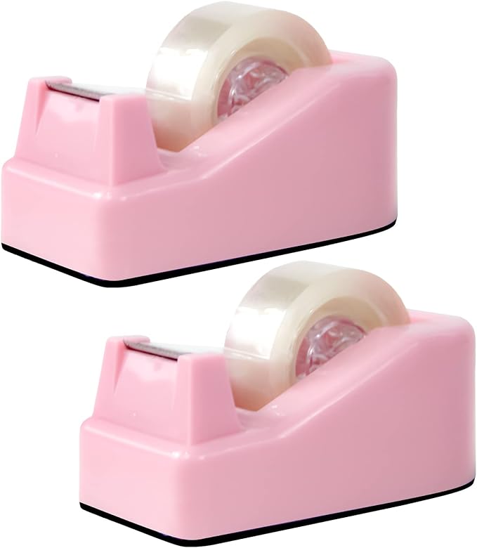 2Pcs Desktop Tape Dispenser Adhesive Roll Holder with Weighted Nonskid Base, Pink (Tape not Included)