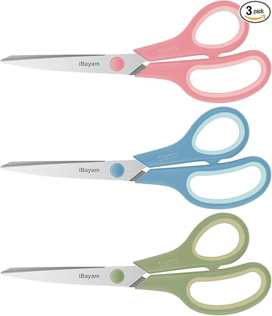 iBayam 8.5" Pastel Scissors All Purpose Heavy Duty 3Pack, 2.5mm Sharp Blade | by iBayamDirect