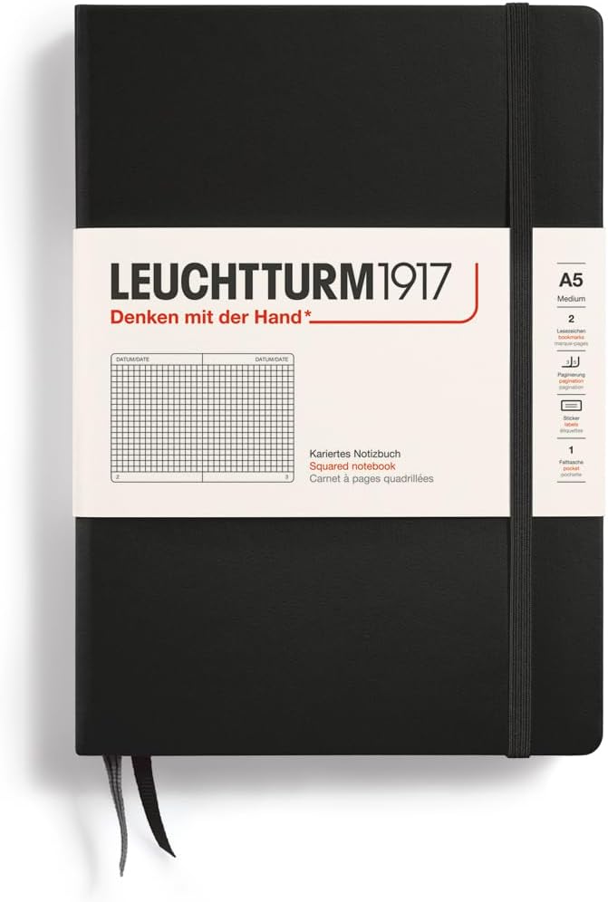 LEUCHTTURM1917 - Notebook Hardcover Medium A5-251 Numbered Pages for Writing and Journaling (Black, Squared)-DeskLoop Office