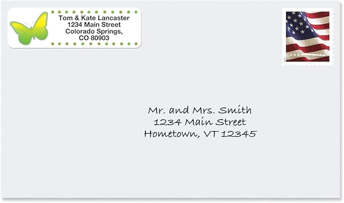 Watercolor Butterflies Rolled Personalized Return Address Mailing Labels with Dispenser, Set of 250, 5 Designs, Small ¾ x 2½ Inch Size, Custom Self-Adhesive Sticker Roll, by Colorful Images