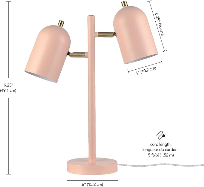 Globe Electric 30290 19" 2-Light Desk Lamp, Matte Pink, Brass Accents, 2.1A USB - Image 10