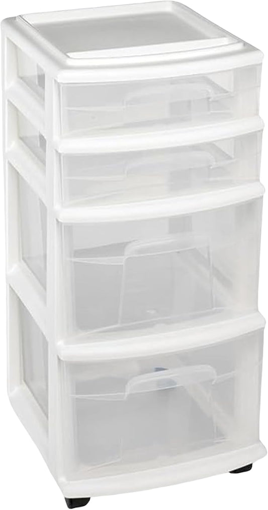 HOMZ Drawer Tower, 4-Tier Clear Plastic Storage Organizer Cart, and Classroom by Homz