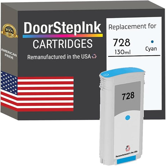 DoorStepInk Remanufactured in The USA Ink Cartridge Replacements for HP 728 130ml Cyan F9J67A for DesignJet T730 36-in, DesignJet T830 24-in, DesignJet T830 36-in-DeskLoop Office