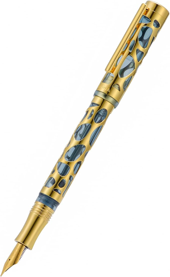 Asvine V169 Vacuum Filling Fountain Pen Medium Nib, Water Drop Skeleton Gold Trim Transparent Gray Blue Acrylic Pen Case Set