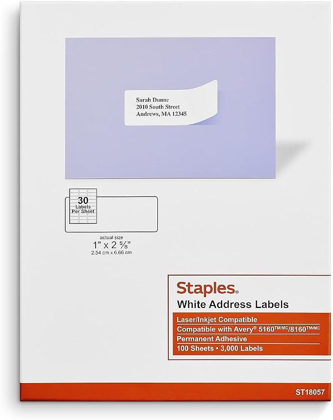 Staples Laser & Inkjet Address Labels, 1 x 2-5/8 Inch, 30 Labels per Sheet by Staples