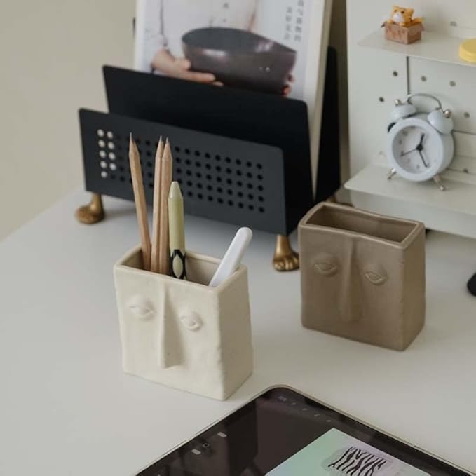 WENSHUO Abstract Square Face Pen Holder, Modern and Minimalistic Desk Accessories (Crème)-DeskLoop Office