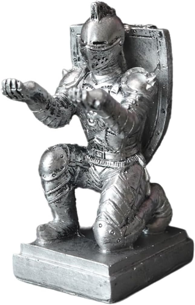 Resin Soldier Shield Knight Decor Statue Pen Holder Base for Desk, Desktop Organizer Pencil Stand Display for Office, School, Home, as Gift for Men Father-DeskLoop Office