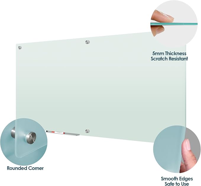 J&J worldwide Glass Whiteboard 6' x 3', Frosted Glass Dry Erase Board Non-Magnetic, Semi-Transparent, Includes Markers, Marker Tray, Eraser for Wall, Office, Home, School-DeskLoop Office