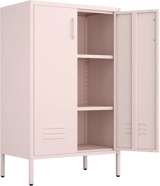 Storage Cabinet,2 Doors Locker Cabinet with Legs,Entryway Cabinet with Adjustable Shelves,Metal Locker Storage Cabinets for Office,Classroom,Bedroom,Pink-DeskLoop Office