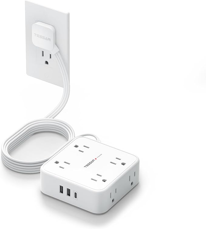 Flat Extension Cord, TESSAN Surge Protector Power Strip 5 FT with 8 Outlets 3 USB (1 USB C) Ports, 3-Sided Outlet Extender with 900J Surge Protection for Office Supplies, Dorm Room Essentials, White-DeskLoop Office