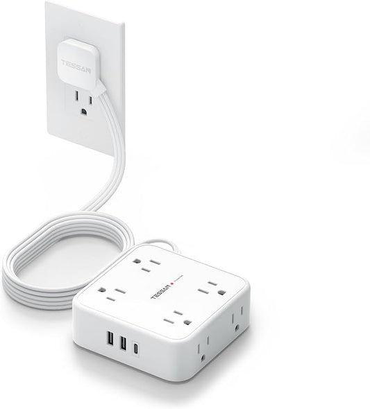 Flat Extension Cord, TESSAN Surge Protector Power Strip 5 FT with 8 Outlets 3 USB (1 USB C) Ports, 3-Sided Outlet Extender with 900J Surge Protection for Office Supplies, Dorm Room Essentials, White-DeskLoop Office