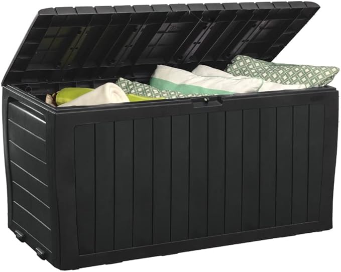 Keter Marvel Plus 71 Gallon Resin Deck Box-Organization and Storage for Patio Furniture Outdoor Cushions, Throw Pillows, Garden Tools and Pool Toys, Dark Grey-DeskLoop Office