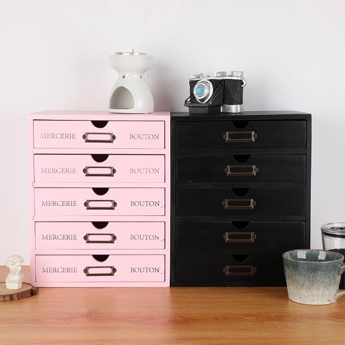 Wooden Storage Box with 5 Drawers Apothecary Vintage Wood Desktop Organizer - Image 7