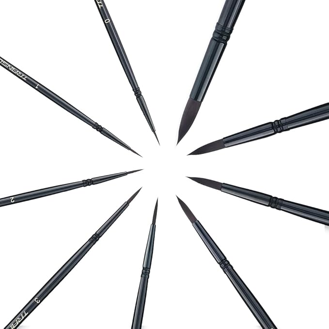 Transon Round Paint Brush Set 9pcs Synthetic Sable Hair for Acrylic Painting Watercolor Painting Gouache Ink Craft and Detail Painting Black Color-DeskLoop Office