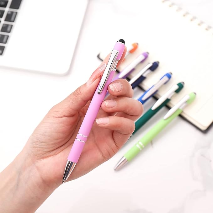 Ballpoint Pen with Stylus Tip, Soft Touch Click Metal Pen, 1.0mm Medium Point, Black Ink, 12 Count(Light Purple)-DeskLoop Office