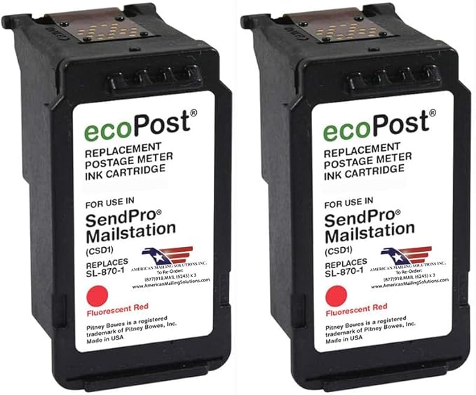 AMERICAN MAILING SOLUTIONS INC. | 2-Pack | ecoPost Remanufactured Postage Meter Ink Cartridge for PB SL-870-1 | Red | for The SendPro Mailstation | 8 ML-DeskLoop Office