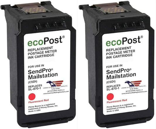 AMERICAN MAILING SOLUTIONS INC. | 2-Pack | ecoPost Remanufactured Postage Meter Ink Cartridge for PB SL-870-1 | Red | for The SendPro Mailstation | 8 ML-DeskLoop Office