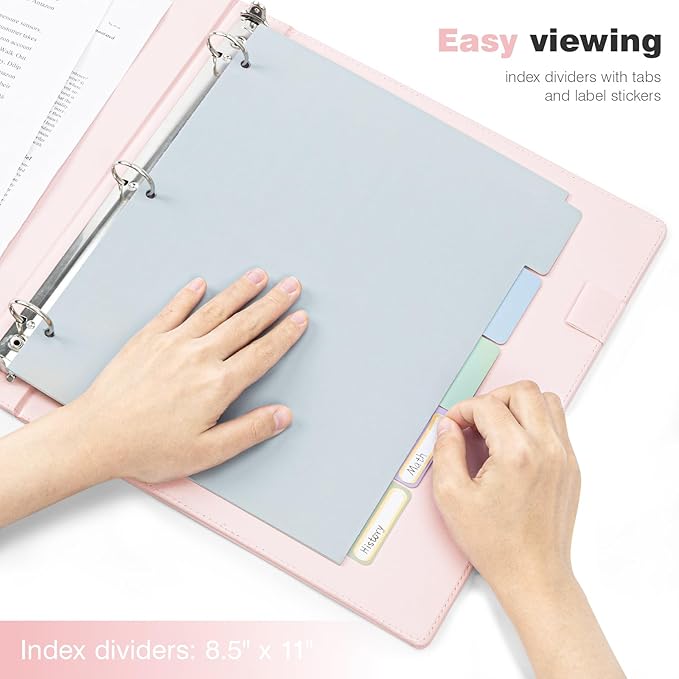 Ospelelf 3 Ring Binder with Clipboard 2 Inch Leather Binder for Letter Size (8.5" x 11"), Clipboard Binder with 5 Tab Dividers Back to School Supply, Pink-DeskLoop Office