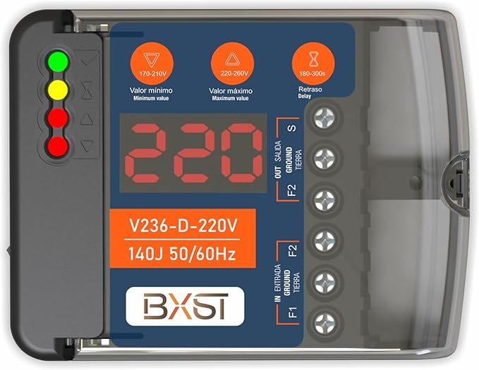 BXST Heavy Duty Wiring Surge Protector with LED Display Adjustable Voltage & Delay Protection, 220V, 30A, 6600W Max, 140J Surge Protection for Refrigerators, Air Conditioning, Motors, Pumps-DeskLoop Office