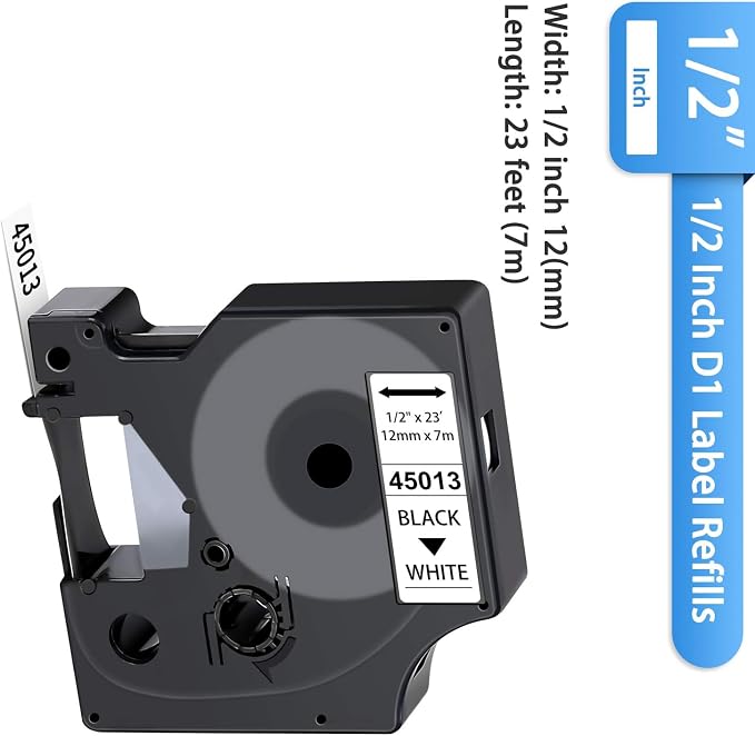 6-Pack Dymo D1 Label Tape 45013 Black on White 1/2 Inch x 23 Feet Compatible - Image 3