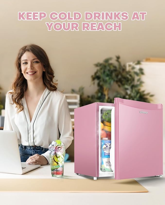 Upstreman 1.7 Cu.ft Mini Fridge with Freezer, Dorm Essentials, Adjustable Thermostat, Energy Saving, Low Noise, Single Door Compact Refrigerator for Dorm, Office, Bedroom, Pink-FR17-DeskLoop Office