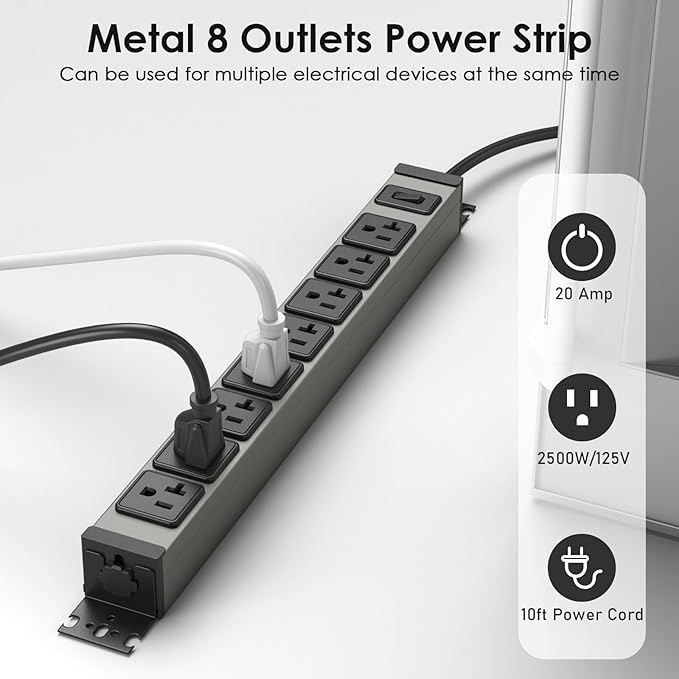 JUNNUJ Heavy Duty Power Strip Wall Mount, 20 Amp Surge Protector 1200J Metal 8 Outlet Under Desk Mounted 20A, Garage Power Bar Table Socket Industrial Outlets 6-20R T-Slot, 10FT 12AWG Extension Cord-DeskLoop Office