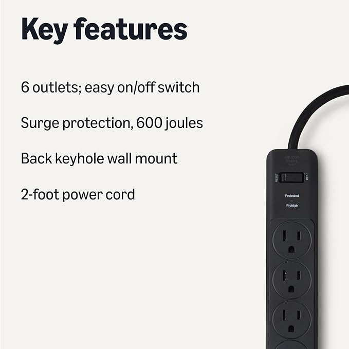 Amazon Basics Rectangle 6-Outlet, 600 Joule Surge Protector Power Strip, 2ft, Black, Small, 2-Pack-DeskLoop Office