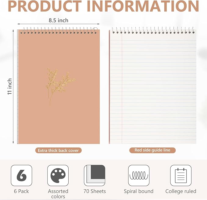 6 Pack 8.5 x 11'' Top Bound Office Steno Book Wide Ruled Double Sided Spiral Notebooks Reliable White Paper 70 Sheets/Pad Pastel Colors Covers for Writing School Notes(Hot Stamping)-DeskLoop Office