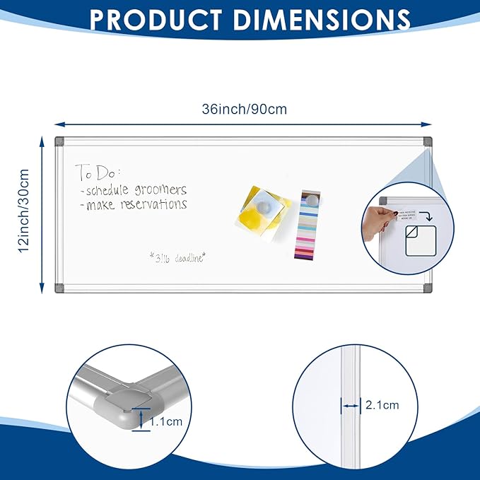 36" x 12" Magnetic White Board, Long Whiteboard Wall Hanging Vertical Board, to-do List Narrow Mini Small Portable Dry Erase Board for Walls-DeskLoop Office