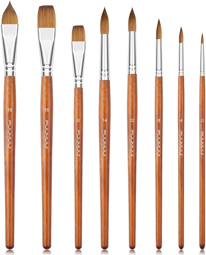 Sable Watercolor Brushes Professional, Fuumuui 8Pcs Sable Brush Set Variety Shapes with Flat, Round Pointed, Liner, Cat's Tongue Oval Wash Perfect for Watercolor Acrylic Gouache Inks Painting-DeskLoop Office