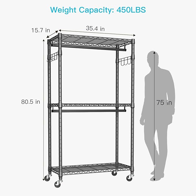 P1 Heavy Duty Garment Rack, 3 Tiers Adjustable Rolling Metal Closet Organizer with Lockable Wheels, FreeStanding Wardrobe with Double Hanger Rods & 1 Pair Hooks, Max Load 450 LBS, Gray-DeskLoop Office