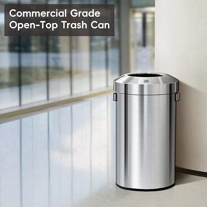 EKO 16-Gallon Round Stainless Steel Open Top Trash Can, Large Commercial Waste Bin with Detachable Lid and Carrying Handle, Brushed Metal Garbage Bin for Home, Office, Restaurant, Restroom-DeskLoop Office