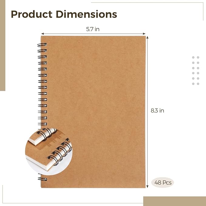Lnrueg 48 Pcs A5 Spiral Notebooks - Brown Kraft Paper Cover Notebooks, Hardcover Lined Notebooks, Sturdy Travel Journals with Smooth 70GSM Paper for School, Office, Travel, 100 Pages-DeskLoop Office