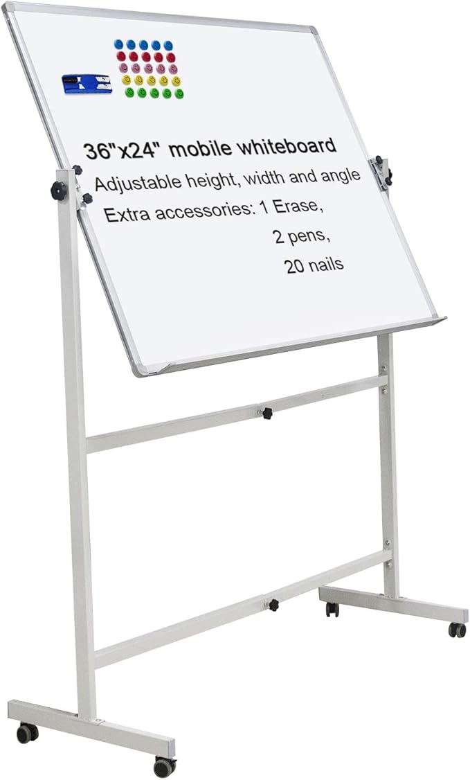 Mobile Dry Erase Board Magnetic Whiteboard on Wheels (Aluminium Frame) 36"x24" Portable White boards with Rolling Stand for Classroom, Office, Home-DeskLoop Office