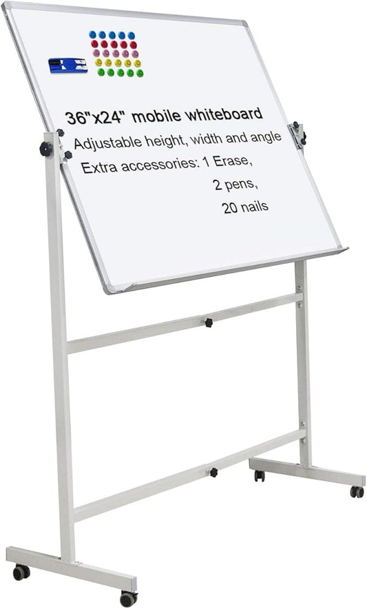 Mobile Dry Erase Board Magnetic Whiteboard on Wheels (Aluminium Frame) 36"x24" Portable White boards with Rolling Stand for Classroom, Office, Home-DeskLoop Office