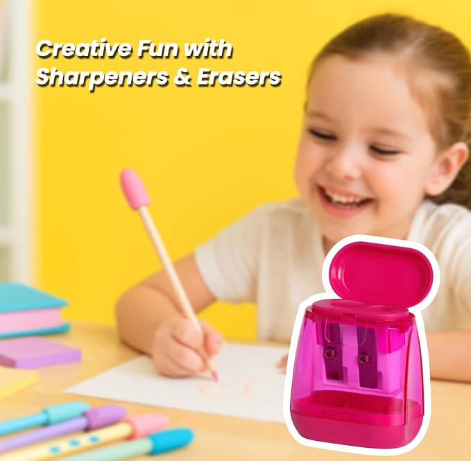 Pencil Sharpener Set – 4 Dual Hole Manual Sharpeners + 4 Pencil Top Erasers - Image 7