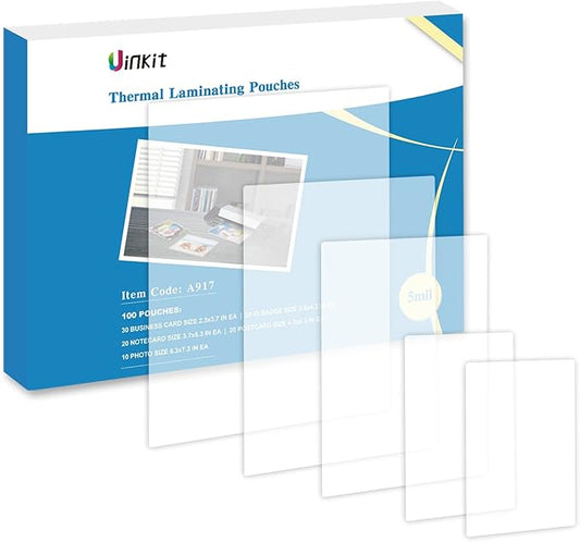 Uinkit Thermal Laminating Pouches Variety Small Size 5mil Thickness Card Notecard ID Badge Business Photo Size Professional Quality Dry-Erase Friendly Sheets Glossy Clear Laminator Pouch,100 Pack-DeskLoop Office